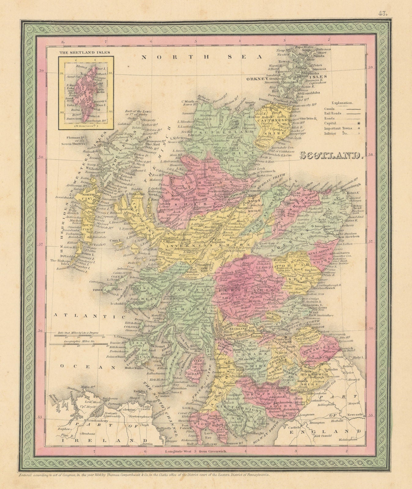 Scotland. Counties & railroads. THOMAS, COWPERTHWAIT 1852 old antique map